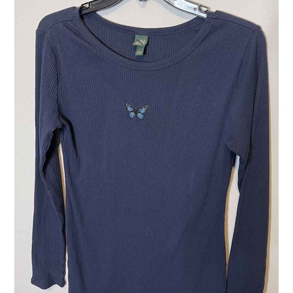wild fable butterfly dress large blue y2k ribbed midi length fitted long sleeve - Picture 2 of 3